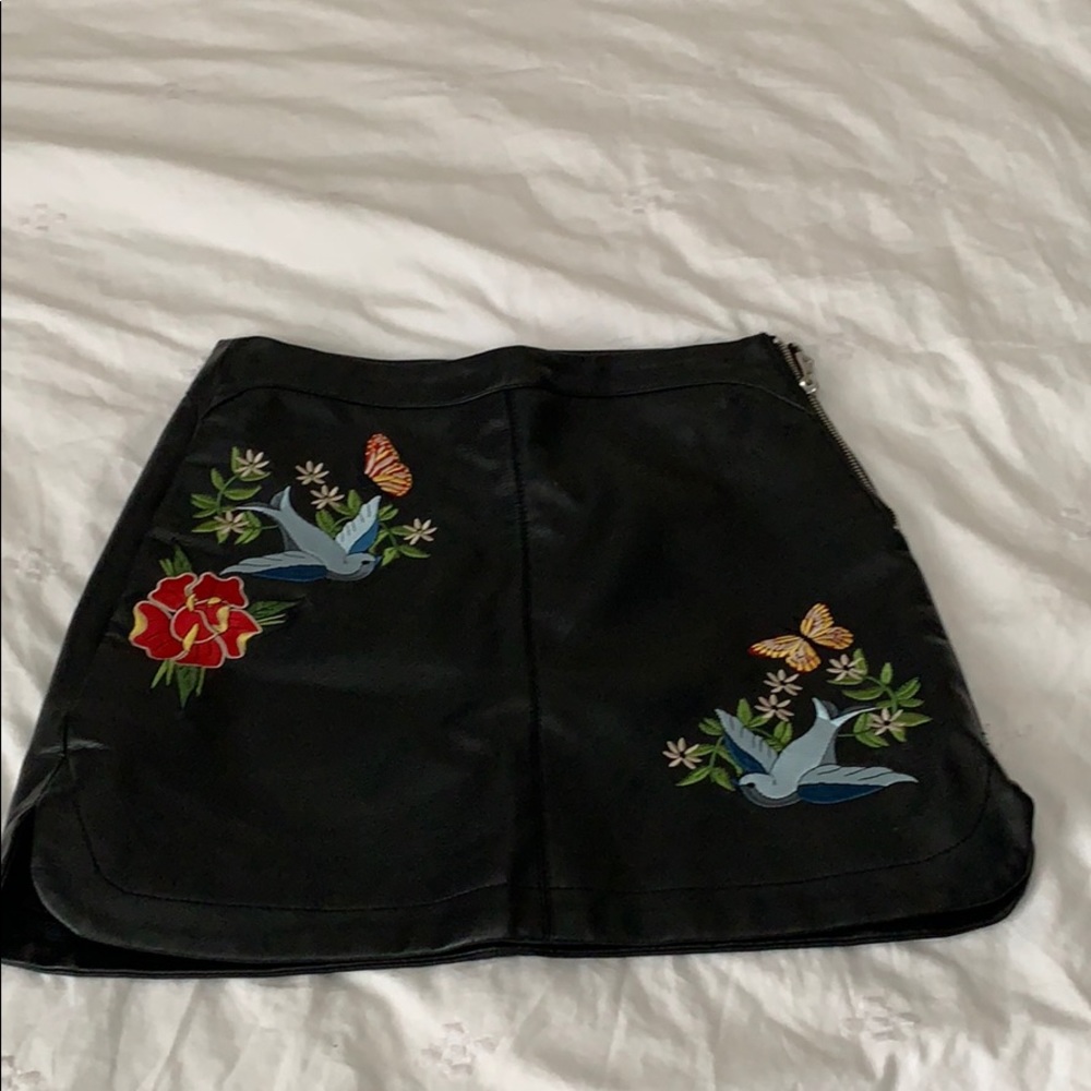 Faux Leather Skirt with Embroidery - S